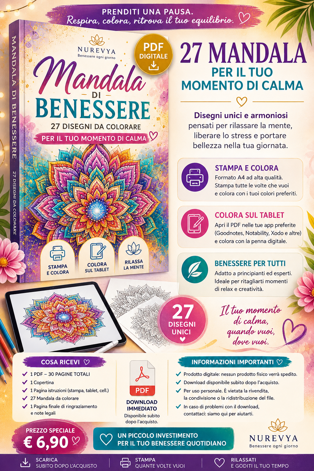 Mandala di Benessere - 27 Mandala da colorare- PDF digitale